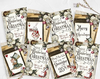 Alice in Wonderland Christmas Gift Tags, Toppers, Card Toppers, Greeting Cards, Favors, Tea Party, Crafts, Scrapbooking, Labels