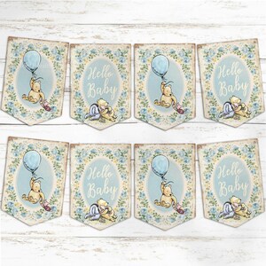 Winnie the Pooh Baby Shower Bunting | Hello Baby Banner | Vintage Pooh Nursery Decor | Baby Shower Decorations | Blue Floral Garland image 5