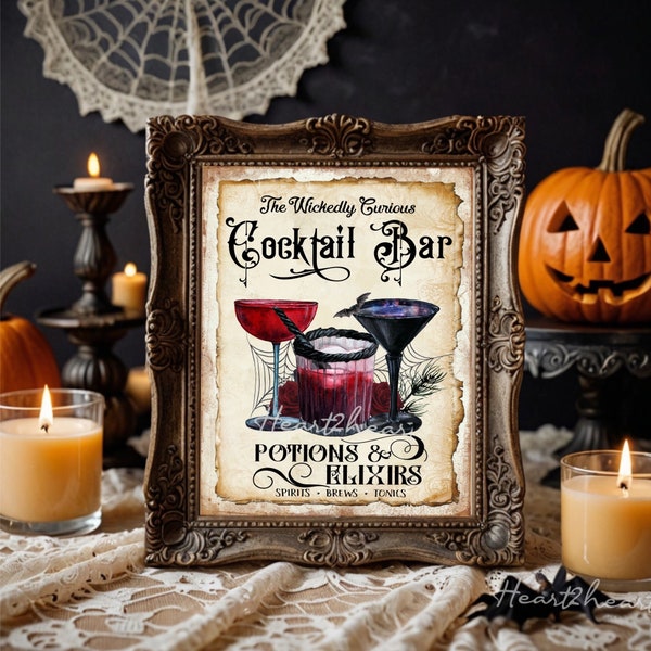 Halloween Cocktail Bar Sign, Vintage Halloween, Potions & Elixirs Print, Halloween Wall Art, Gothic Decor, Gothic Kitchen, Gothic Wall Art