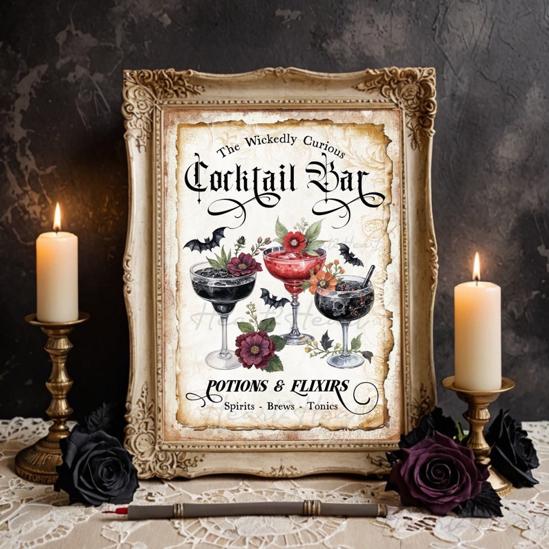Halloween Cocktail Bar Print Sign, Vintage Halloween, Potions & Elixirs
