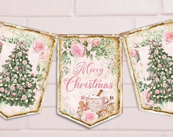 Shabby Chic Pink Christmas Bunting, Pink Rose, Pink Christmas Decor, Merry Christmas Bunting, Hot Chocolate