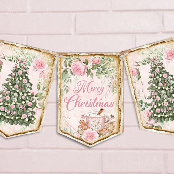 Shabby Chic Pink Christmas Bunting, Pink Rose, Pink Christmas Decor, Merry Christmas Bunting, Hot Chocolate