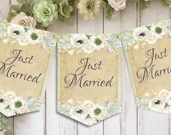 Vintage Style Just Married Bunting Rustic Wedding Decorations Venue Reception Decor Garland Banner