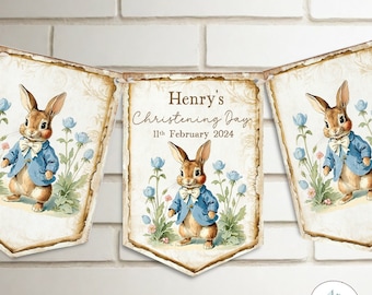 Personalised Baby Boy Bunny Rabbit Bunting, Christening Bunting, Birthday Bunting, Handmade Bunting, Baby Shower, Baptism,