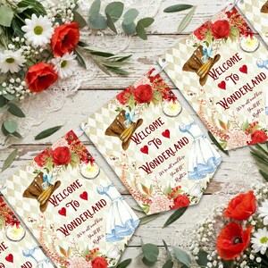 May include: Three rectangular paper banners featuring a beige and white diamond pattern, red roses, a brown top hat, and a blue dress. The text reads Welcome To Wonderland and We're all mad here. You'll fit right in, with small red heart accents.