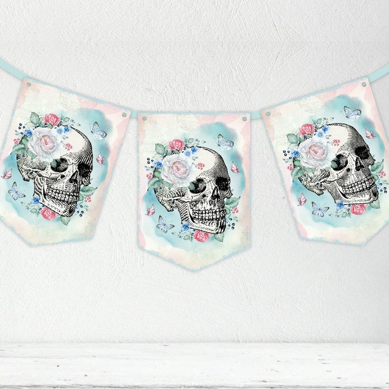 Floral Skull Banner Halloween Flowers Sugar Skulls Decor Goth Skull Kids Party Decorations Roses Gothic