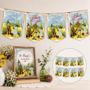 May include: A decorative banner set featuring eight pennant flags with illustrations of characters on a yellow brick road. The flags display the text Follow the Yellow Brick Road and There's No Place Like Home. The set includes a framed sign.