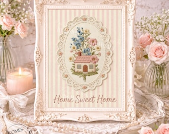 Home Sweet Home Print | Embroidery Style Wall Art | Cottagecore Decor | Grandmillennial Floral House Print | Shabby Chic Home Sign