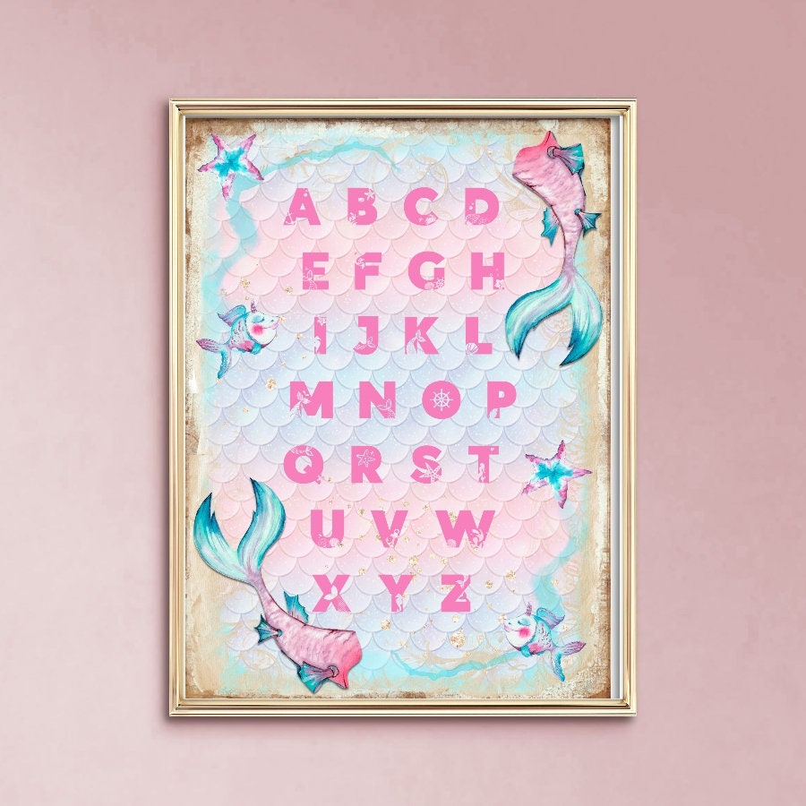 mermaid alphabet print mermaid abc mermaid wall art mermaid etsy