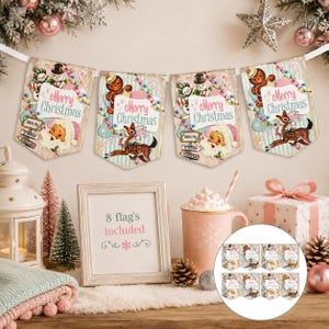 Retro 50s Christmas Bunting Decoration XMAS Retro Christmas Deer, Pink Christmas, Santa Snowman