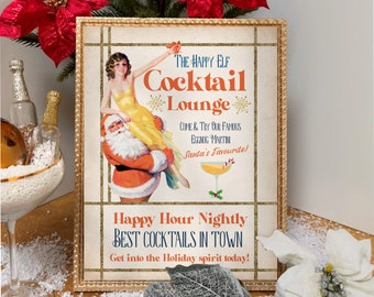 Retro Christmas Cocktail Lounge Sign: Art Deco Holiday Bar Decor Print