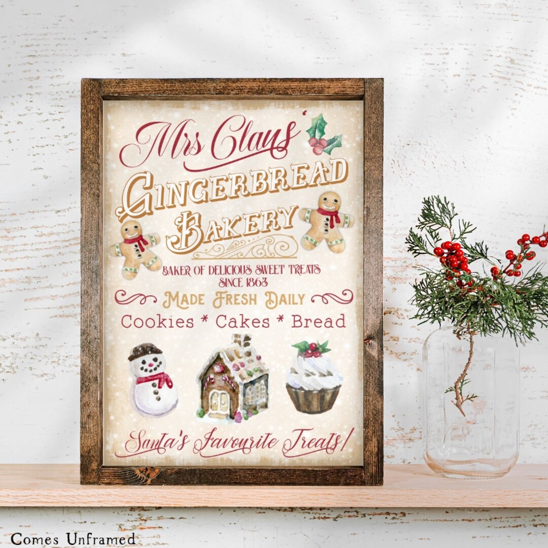 Mrs Claus' Bakery Sign, Wall Decor, Gingerbread Cookies Sign, Holiday
