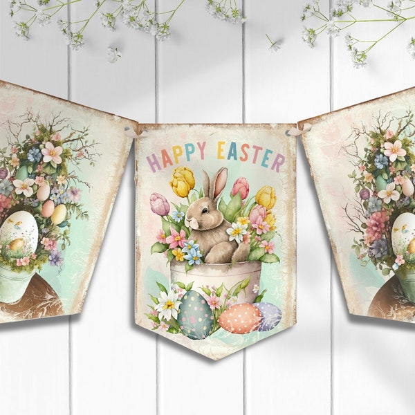 Shabby Chic Easter Bunting Banner, Vintage Style Easter Bunting, Traditional Easter, Spring Home Decor, Easter Egg Tree