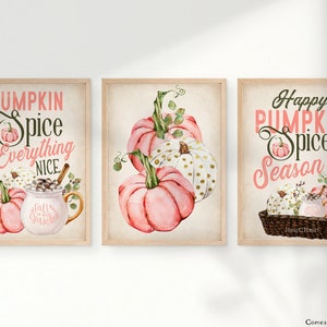 Set of 3 Pink Pumpkin Spice Signs - Halloween Sign - Fall Decor - Pumpkin Print - Pumpkin Wall Art - Vintage Halloween Decor, Pumpkin Poster