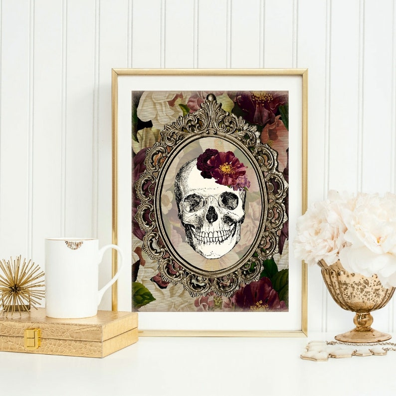 Skull Couple Wall Art Skull Wall Art Flower Skull Home Etsy