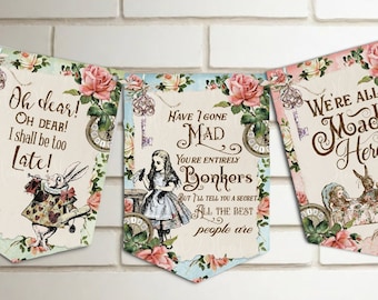 Alice in Wonderland Quote Bunting | Tea Party Decoration | Mad Hatter | Garland | Birthday | Wedding