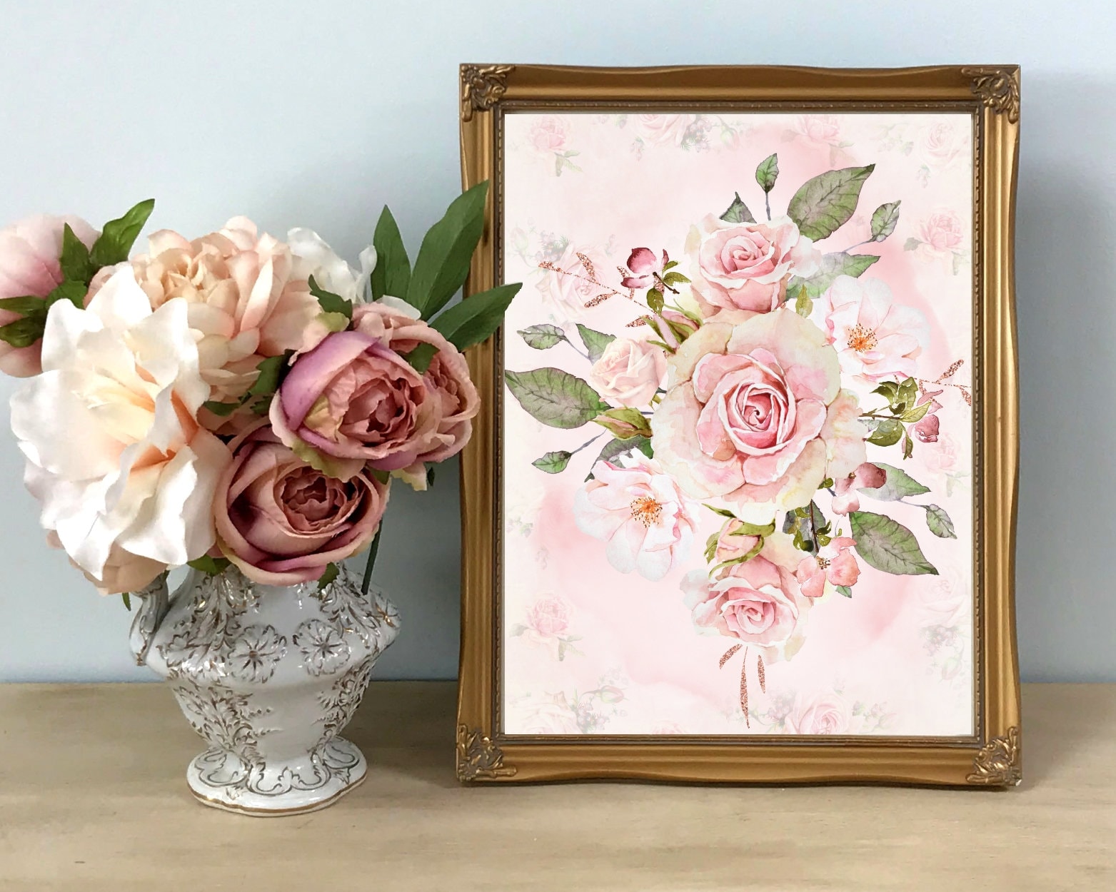 Blush Pink Rose Print Shabby Chic Floral Wall Art Nursery | Etsy