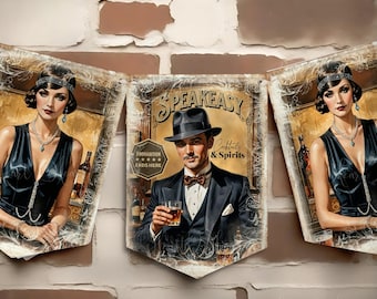 Vintage Style 1920s Speakeasy Bunting, Gatsby Party Decoration, Bootlegger Party, Art Deco