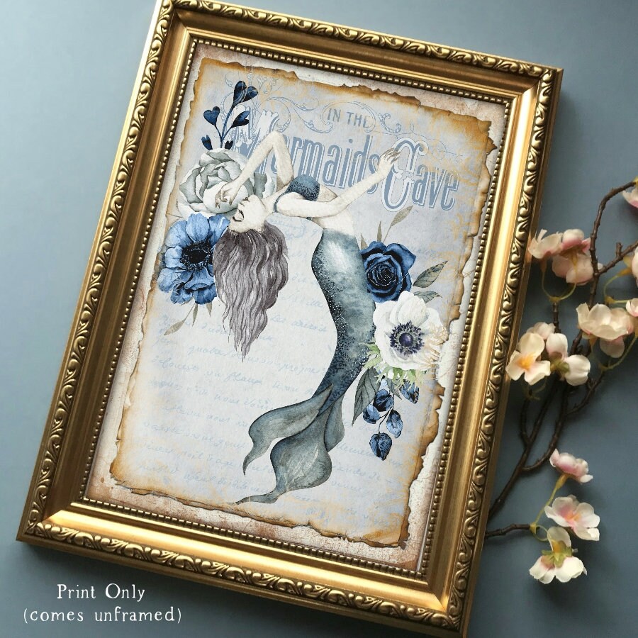 Vintage Style Mermaid Print UNFRAMED Wall Art Blue Floral Etsy