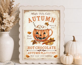 Autumn Hot Chocolate Print | Pumpkin Mug Wall Art | Fall Coffee Bar Decor | Autumn Kitchen Sign