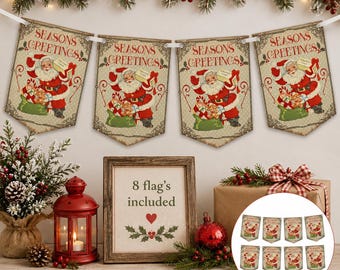 Vintage Christmas Bunting, Santa Banner, Retro Christmas, Party Decoration, Retro Santa, Banner, Garland, Holiday