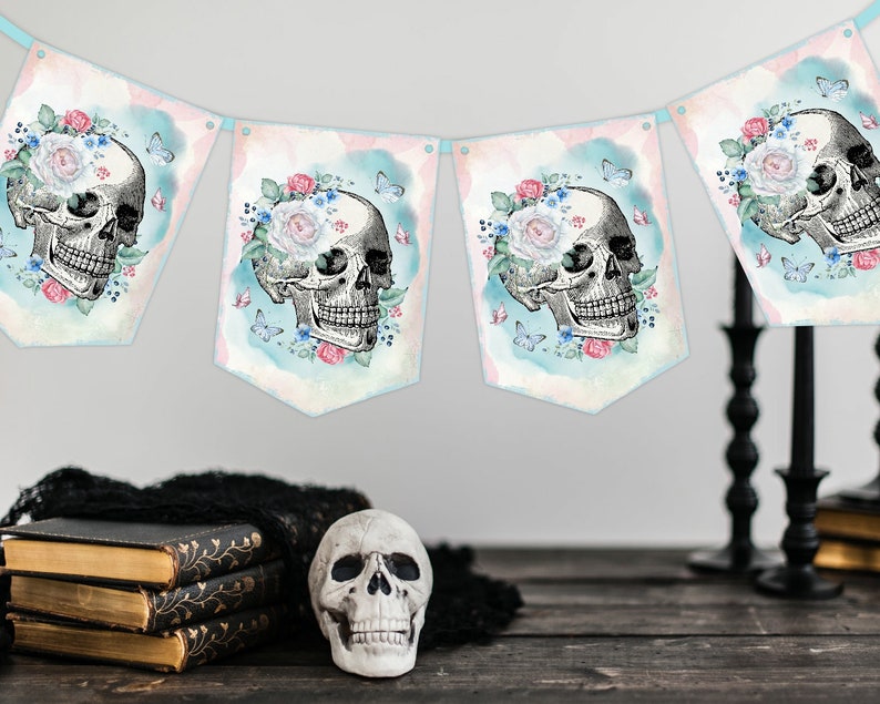 Floral Skull Banner Halloween Flowers Sugar Skulls Decor Goth Skull Kids Party Decorations Roses Gothic