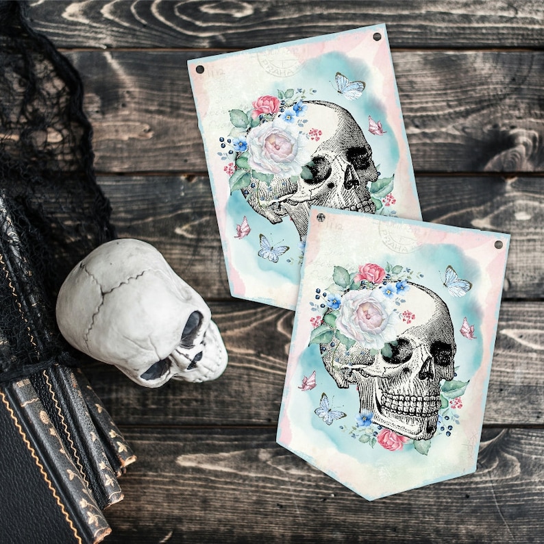 Floral Skull Banner Halloween Flowers Sugar Skulls Decor Goth Skull Kids Party Decorations Roses Gothic