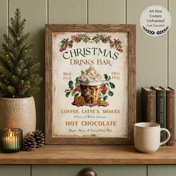 Christmas Gingerbread Coffee Sign, Christmas Hot Chocolate Sign, Holiday Print, Festive Christmas Kitchen Print Sign, Hot Drink Station