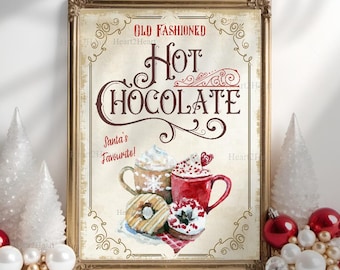 Rustic Hot Chocolate Sign, Old Fashioned Cocoa Station, Christmas Kitchen Print