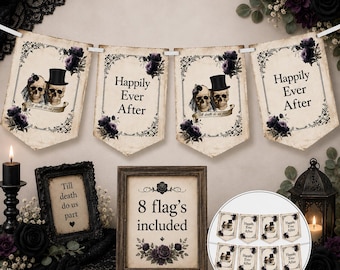Skull Bride & Groom Happily Ever After Bunting | Halloween Wedding | Goth Wedding Decorations | Venue Decor