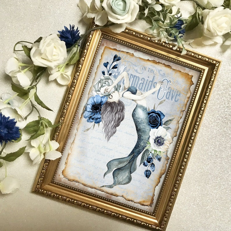 Vintage Style Mermaid Print UNFRAMED Wall Art Blue Floral Etsy