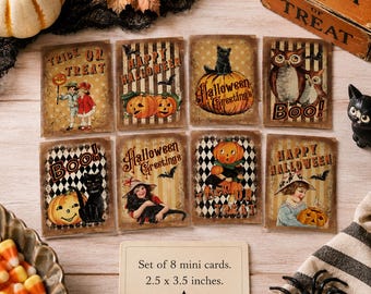 Vintage Halloween Mini Cards | Retro Pumpkin, Cat, Witch Illustrations | Junk Journal Ephemera Card Toppers