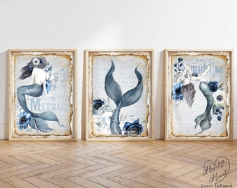 Set of 3 Vintage Style Mermaid Prints, Mermaid Wall Art, Blue Floral Print, Mermaid Posters