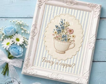 Fancy a Cuppa? Embroidery Style Print | Cottagecore Kitchen Wall Art | Grandmillennial Tea Print | Vintage Floral Teacup Decor