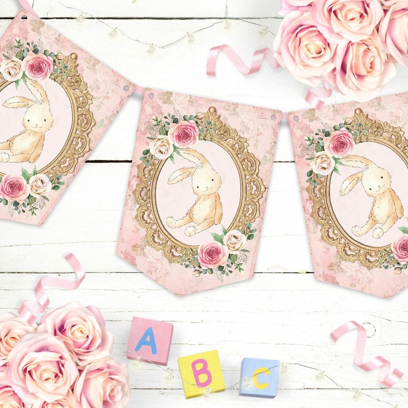 Pink Bunny Rabbit Bunting Bunny Bunny Banner Baby Shower Bunny Party Decoration Pink Rose Birthday