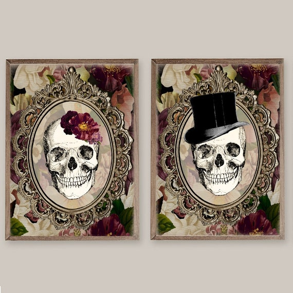 Skull Couple Wall Art Skull Wall Art Flower Skull Home Etsy