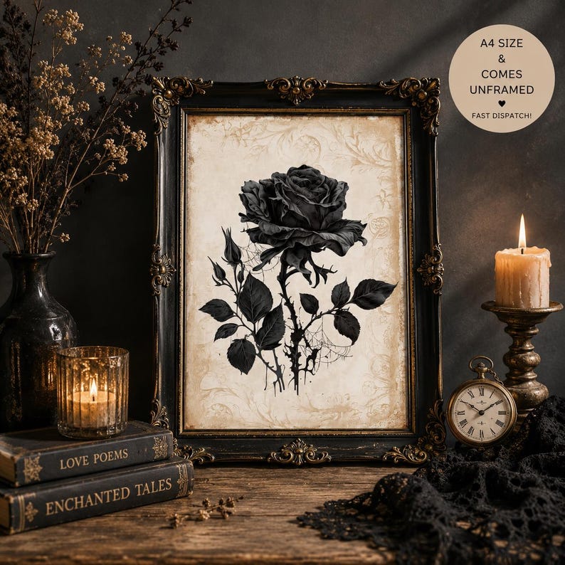 Black Rose Print | Gothic Wall Art | Floral Goth Print image 1