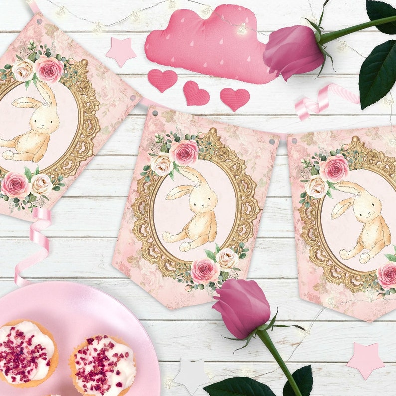 Pink Bunny Rabbit Bunting Bunny Bunny Banner Baby Shower Bunny Party Decoration Pink Rose Birthday