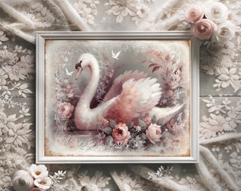 Vintage Swan Art Print | Girls Nursery Wall Art | Vintage Swan Painting | Balletcore Poster | Swan Nursery |  Coquette Aesthetic