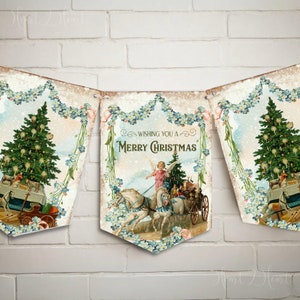 Vintage Victorian Christmas Bunting, Holiday Banner, Christmas Angels, Party Decoration, Floral Christmas Garland