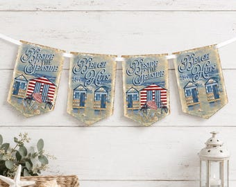 Retro Beach Hut Bunting, Blue Seaside Nautical Banner, Home Party Decor
