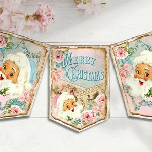 Shabby Chic Pink Santa Christmas Bunting Home Decor Holiday Decoration Blush Pink Father Christmas Pink Rose