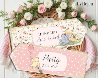 Pink Winnie the Pooh Party Arrow Signs, Pooh Bear Signs, Party Decorations, Christening Decor, Birthday Party Decoration, Kids