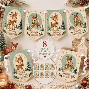 Merry Christmas Reindeer Banner, Vintage Retro Deer Bunting, Happy Holidays Garland, Mid Century Christmas Decorations, Fawn Banner