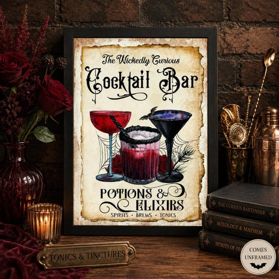Halloween Cocktail Bar Print | Gothic Potions & Elixirs Wall Art | Spooky Bar Cart Decor | Vintage Halloween Party Sign