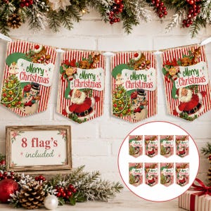Retro Santa Christmas Bunting - Snowmen Candy Canes Seasons Greetings Christmas Banner Garland Holiday Decoration