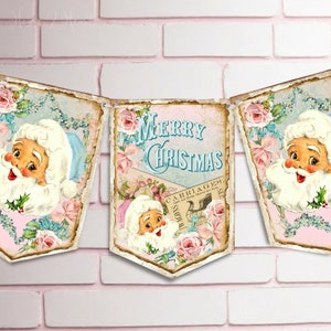 Shabby Chic Pink Santa Christmas Bunting, Holiday Home Decor, Festive Decoration, Blush Pink Father Christmas Pink Rose