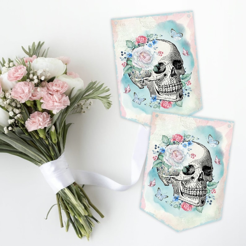Floral Skull Banner Halloween Flowers Sugar Skulls Decor Goth Skull Kids Party Decorations Roses Gothic