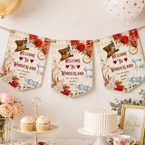 May include: A decorative banner featuring three pennants with a cream diamond background, red roses, a brown top hat, a blue dress, and a pocket watch. The text reads Welcome To Wonderland, We're all mad here, You'll fit, Right in.