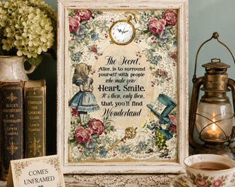 Alice in Wonderland Secret Quote Print, Floral Mad Hatter Art